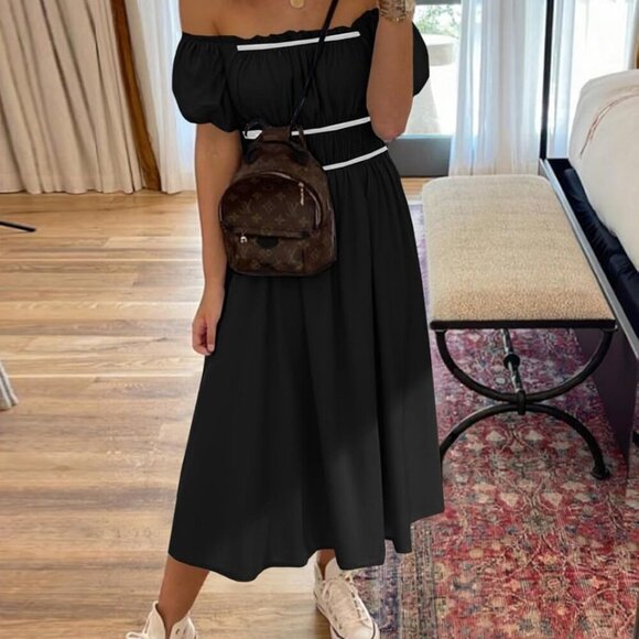 Women's Midi Dress Off Shoulder Puff Sleeve Summer Casual Flowy A Line Beach - Picture 5 of 5